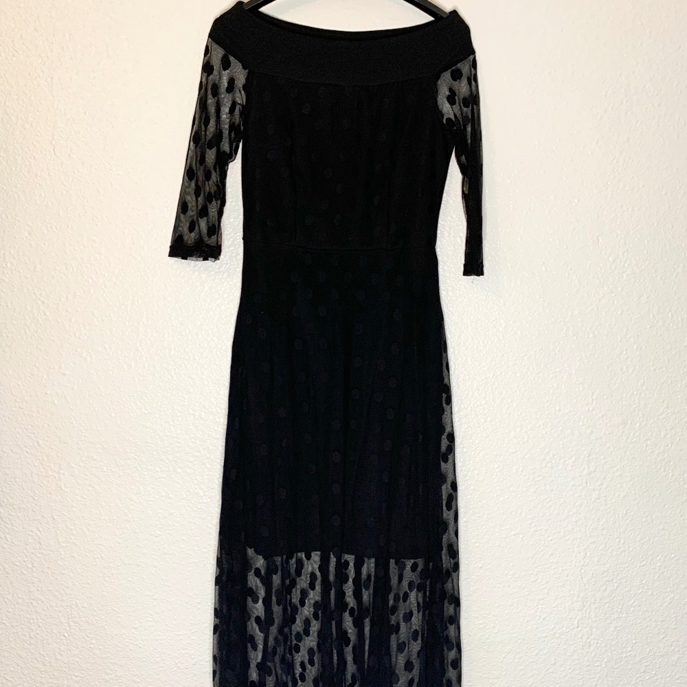 Black Polka Dot Mesh Maxi Dress | Sheer Sleeve Elegant